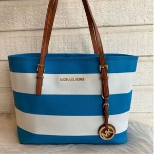 MICHAEL KORS turquoise/white Stripe Jet Set "Voyager" Nautical Tote Bag